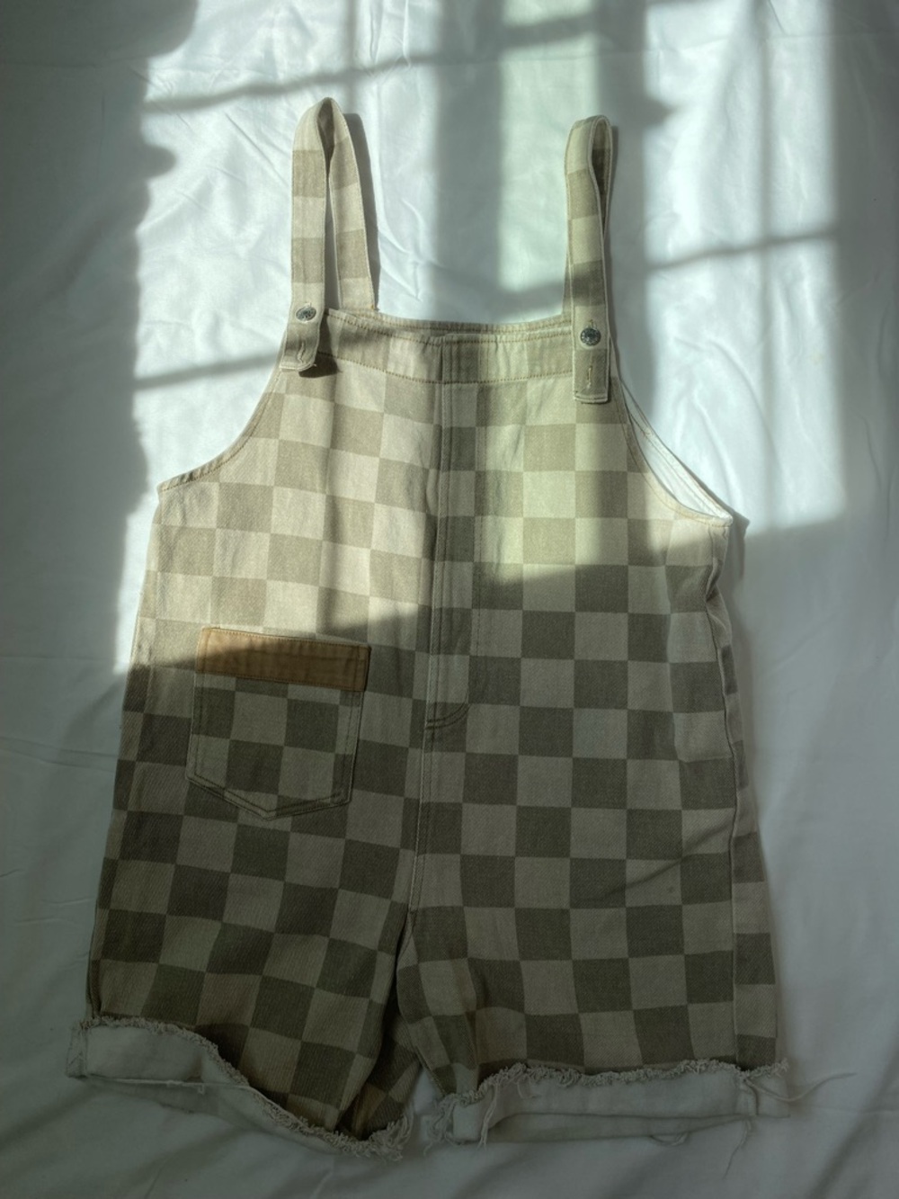 easel Cream and Beige Checkered Overalls With Front Pocket